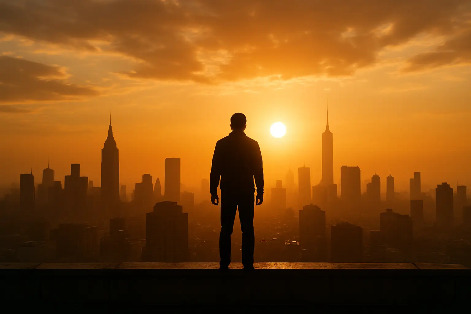 A powerful, realistic photo of a sunrise over a city skyline, with one person standing on a rooftop, silhouetted against the light. Symbolizing awakening, responsibility, and guiding the future. Editorial photography style.