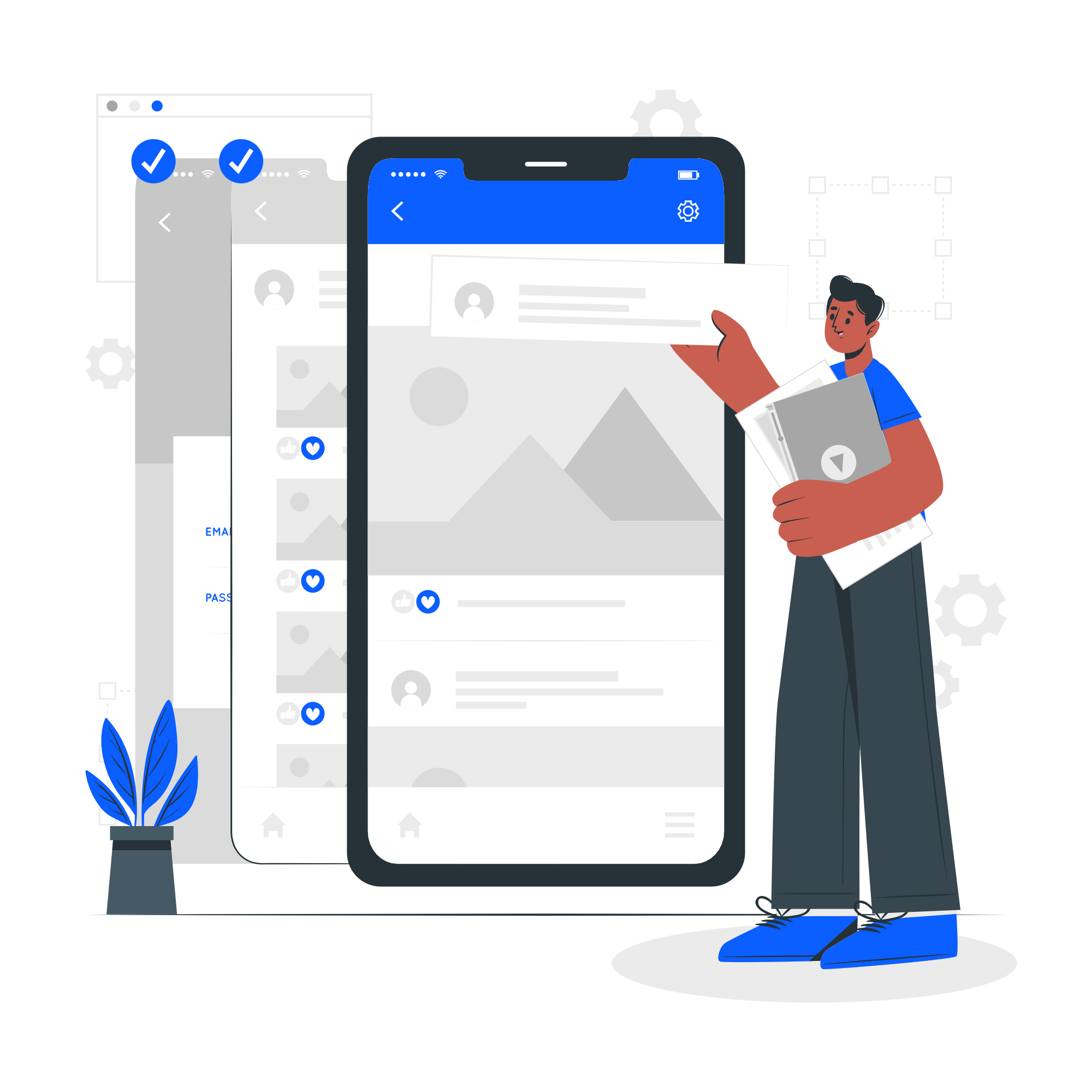 The image shows a person working on a mobile UI/UX design, depicted as a large smartphone screen in the center. The person is interacting with the interface by holding a piece of the design while carrying some documents or prototypes. In the background, there are additional interface windows, suggesting multiple layers of design or different stages of the development process. The design on the screen includes placeholders for images and text, resembling a prototype of a social media or content-based application. The color scheme uses shades of blue, giving a clean and modern aesthetic, emphasizing a focus on technology and design.